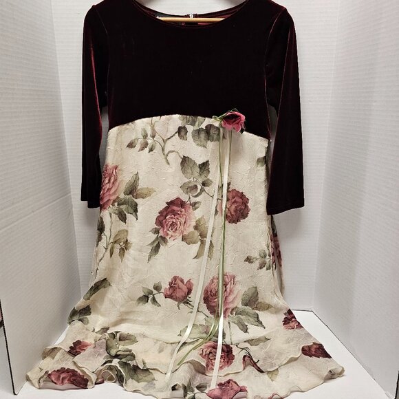 Girls Biscotti Velvet Floral 3D Brooch Flower Roses Long Sleeve Modest Dress 16